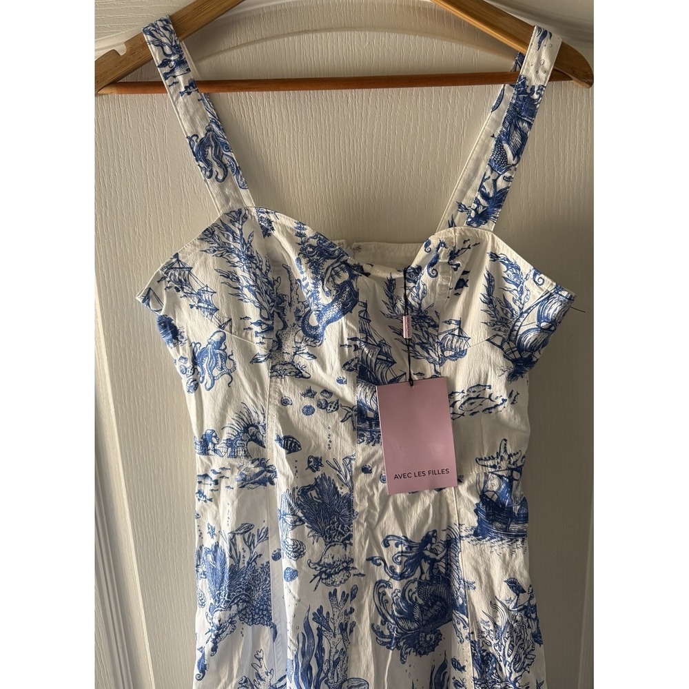 Avec Les Filles Blue White Mermaid Toile Linen Blend Midi Dress Size 8 NWT - Picture 4 of 16